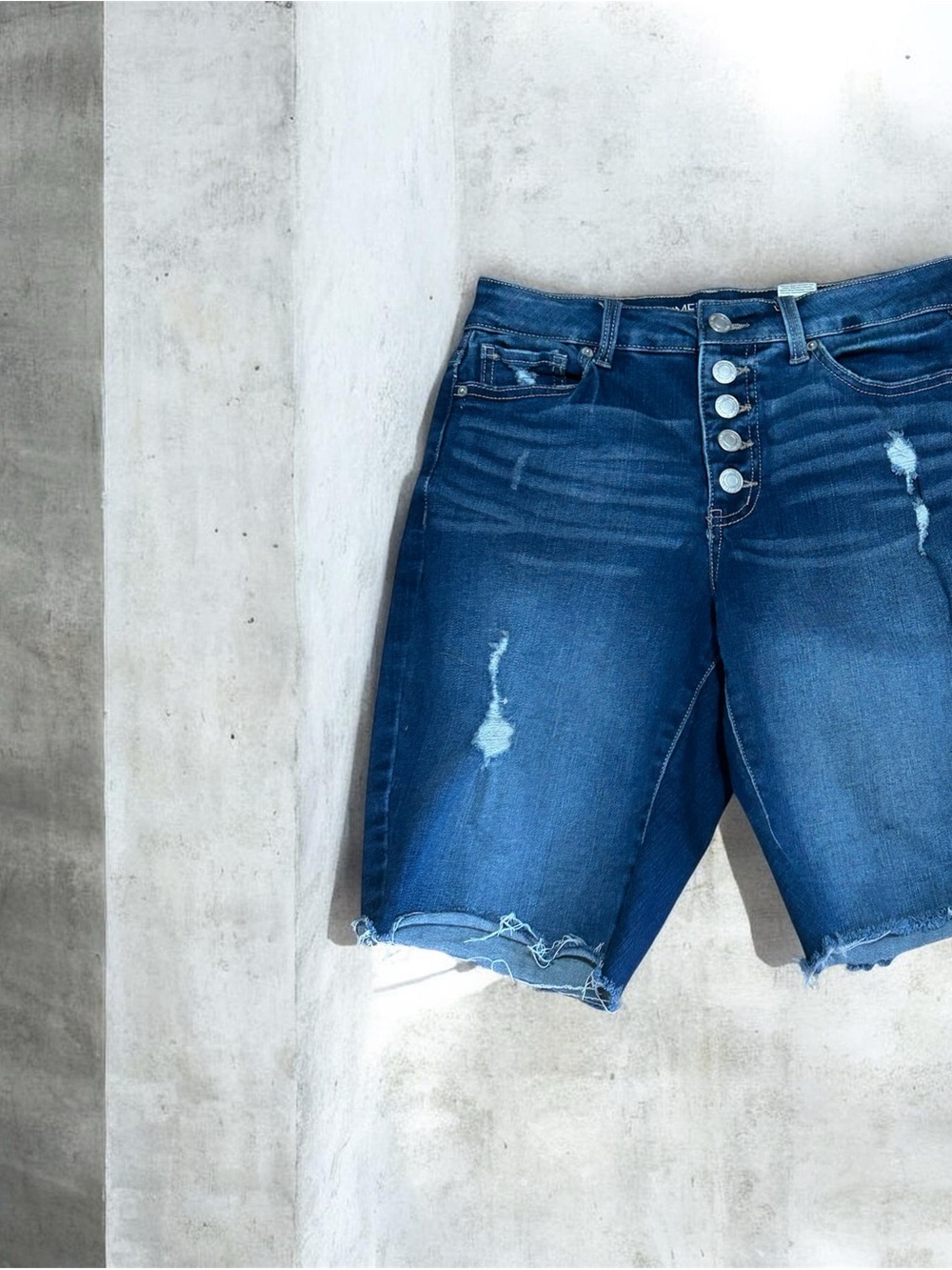 Time and Tru Dark Blue Distressed Button-Fly Jean Shorts Size 6 EUC